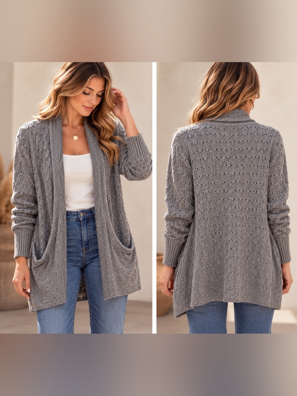 Brixton Ivy Gray Angora Blend Open Front Cardigan Sweater Large Textured Knit - Picture 1 of 9